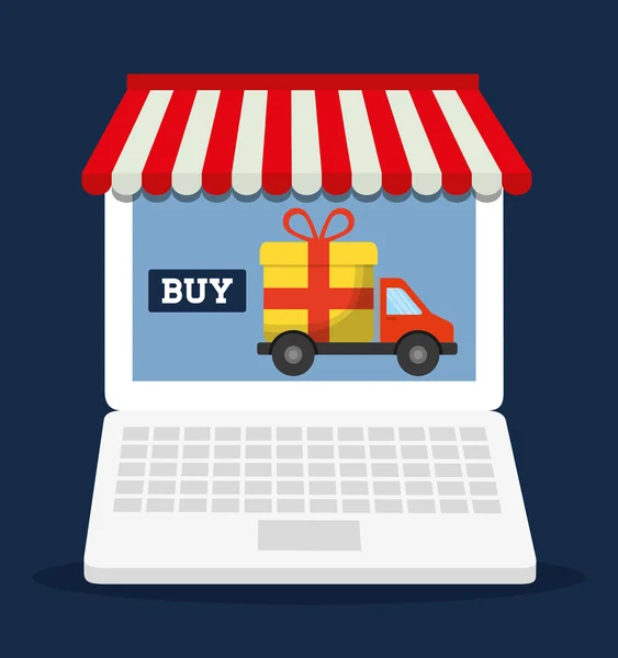 Portátil de compras icono del mercado de tiendas en línea. Gráfico vectorial — Vector de stock