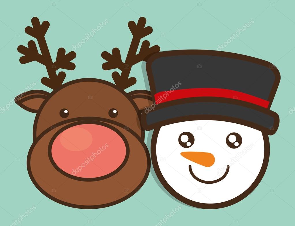 Cervi di renna pupazzo di neve del fumetto con celebrazione di Natale Natale decorazione Design colorato e piatto Illustrazione di vettore — Vettoriali di