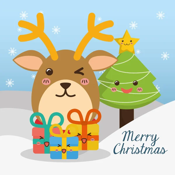 Reindeer and pine tree cartoon of Chistmas design — Stock Vector