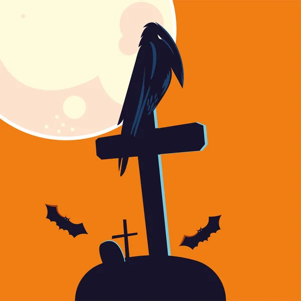 Halloween cuervo de dibujos animados en diseño de vectores de tumba — Vector de stock