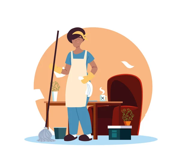 Молодая женщина, работающая уборщицей дома — стоковый вектор