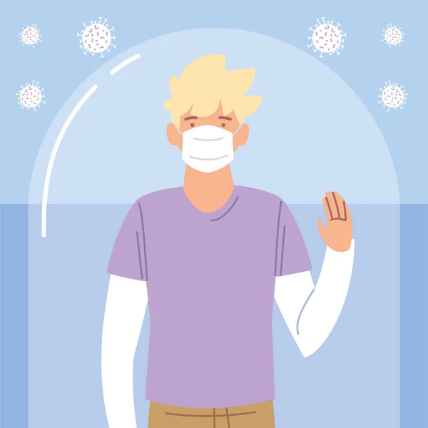 Junger blonder Mann mit Schutzmaske während Coronavirus covid 19 — Stockvektor
