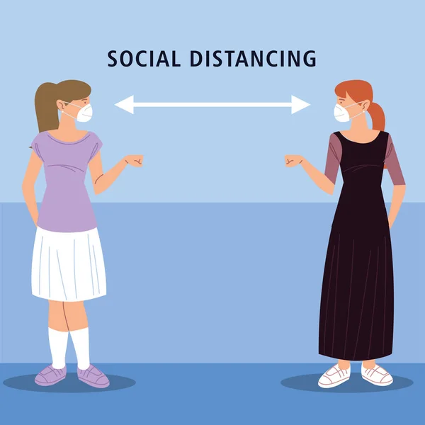 Soziale Distanzierung, Frauen grüßen mit Distanz, während Coronavirus covid 19 — Stockvektor