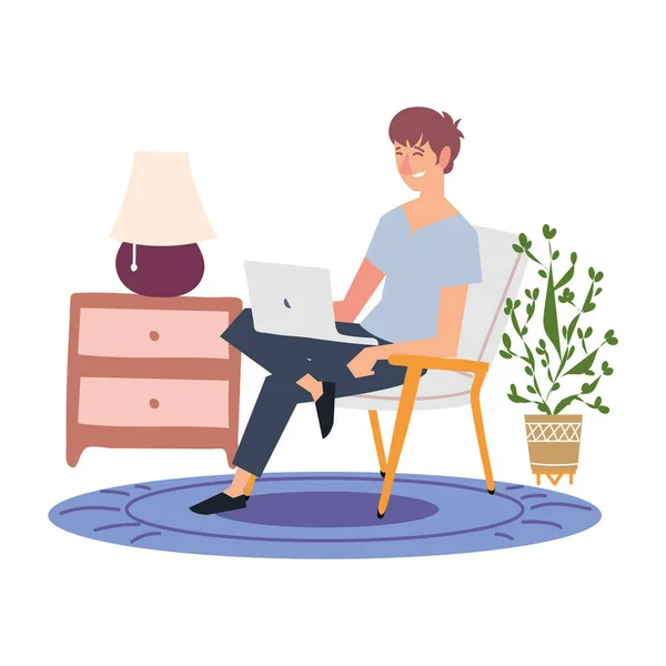 Homem usando sentado usando laptop no quarto, atividades indoor — Vetor de Stock