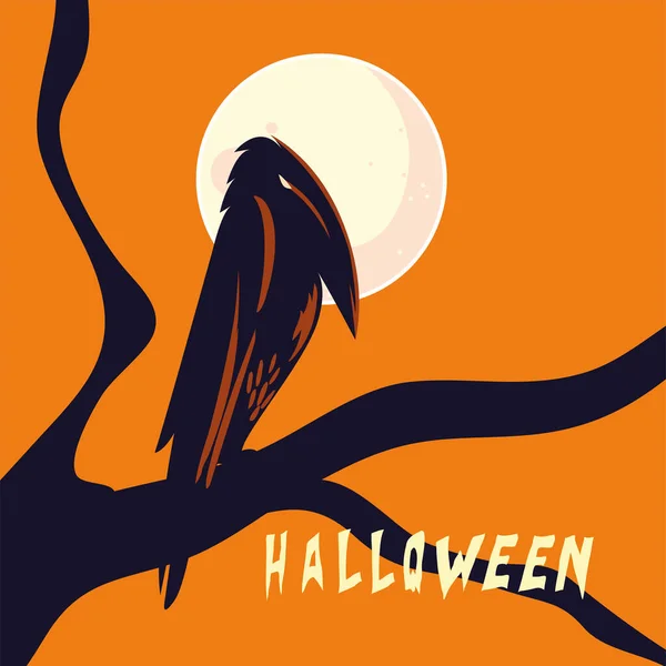Halloween Rabe Cartoon auf Baum Vektor-Design — Stockvektor