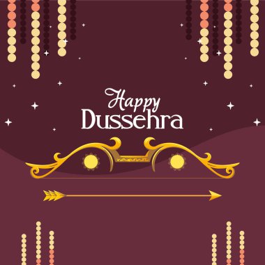 Mutlu dussehra vektör tasarımının mor arka planında yıldızlı altın yay