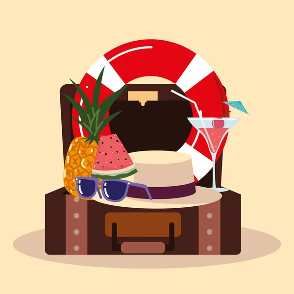 Viajes de vacaciones de verano, maleta flotador frutas gafas de sol y cóctel — Vector de stock