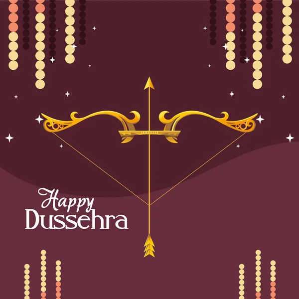 Arco de oro con flecha con estrellas sobre fondo púrpura de diseño vectorial dussehra feliz — Vector de stock