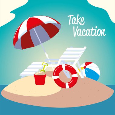 Yaz tatili seyahati, güverte sandalyesi can simidi topu ve şemsiye plajı.