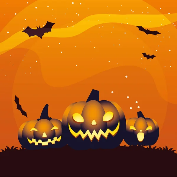 Halloween oranje drie pompoenen cartoons vector ontwerp — Stockvector