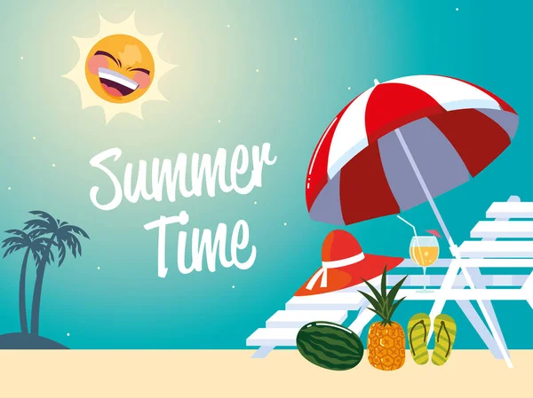 Літня відпустка подорожі, стілець парасолька капелюх ананас і коктейль — стоковий вектор