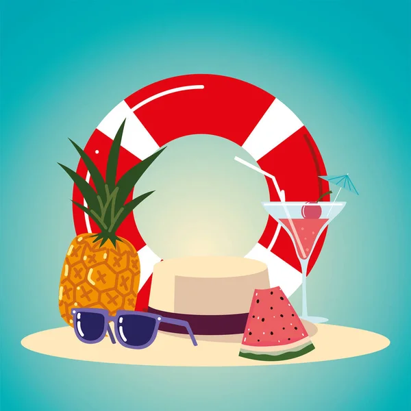 夏休み旅行フロートカクテルパイナップルサングラス帽子 — ストックベクタ