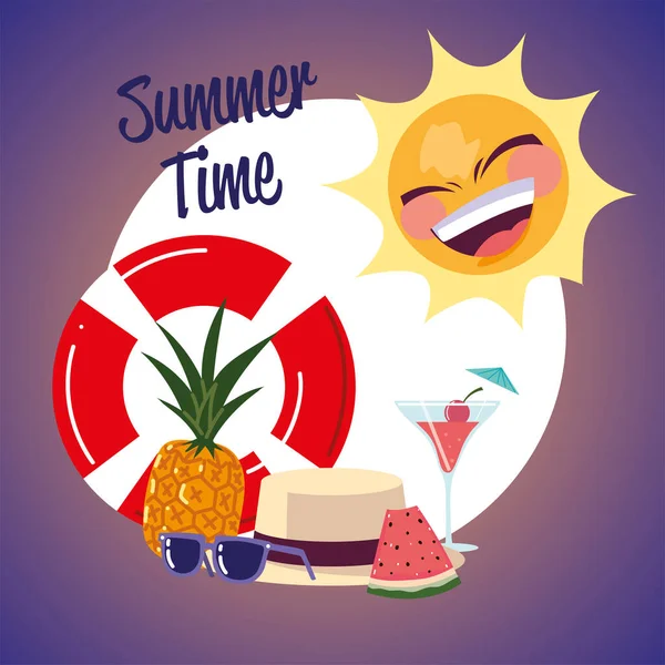 Viagem de férias de verão, sol flutuar óculos de sol melancia e banner cocktail — Vetor de Stock