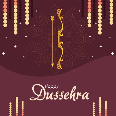 Mutlu dussehra vektör tasarımının mandala süslemesinin önünde oklu altın yay