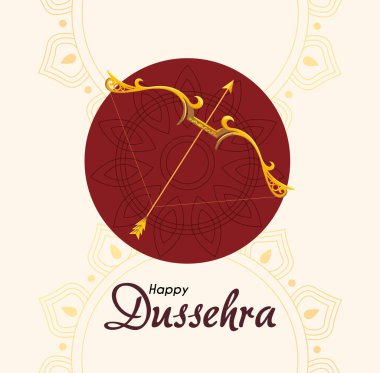 Kırmızı mandala süslemesinin önünde oklu altın yay mutlu dussehra vektör tasarımı
