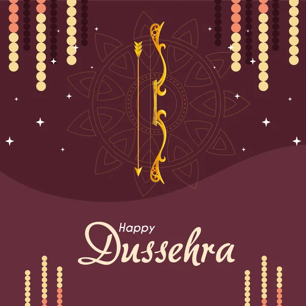 Arco de oro con flecha delante de adorno mandala de diseño vectorial dussehra feliz — Vector de stock