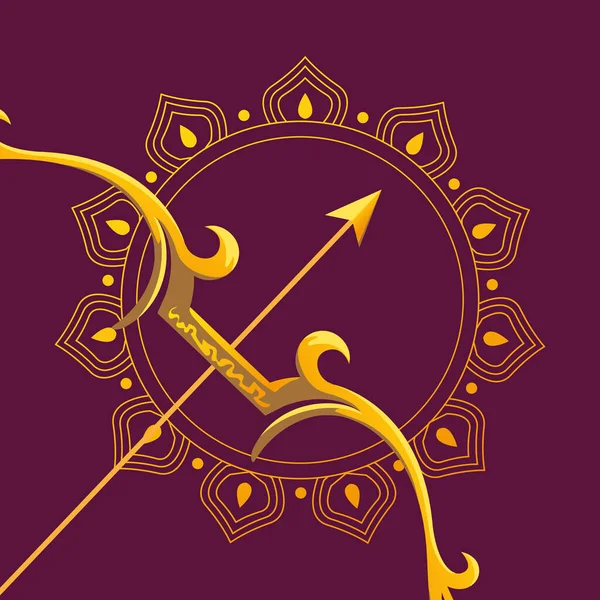 Gouden boog met pijl voor mandala ornament van vrolijke dussehra vector ontwerp — Stockvector