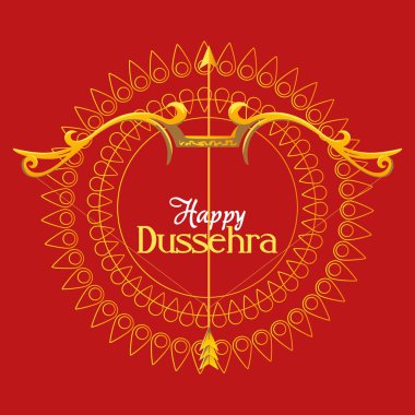 Mutlu dussehra vektör tasarımının mandala süslemesinin önünde oklu altın yay
