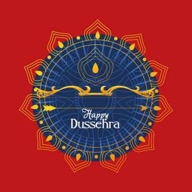 Mutlu dussehra vektör tasarımının mavi mandala süslemesinin önünde oklu altın yay