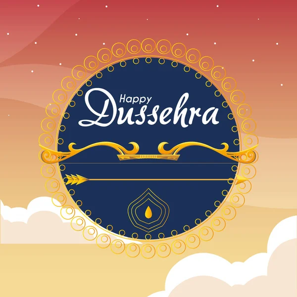 Arco de oro con flecha delante de adorno de mandala azul de diseño vectorial dussehra feliz — Vector de stock