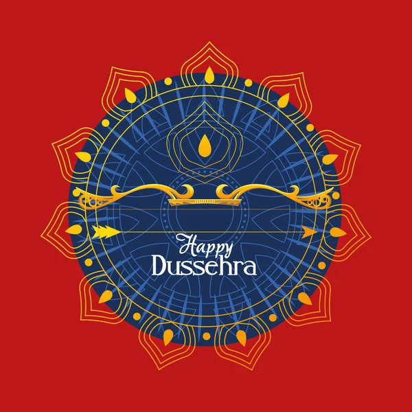 Arc en or avec flèche devant l'ornement mandala bleu de conception vectorielle heureuse dussehra — Image vectorielle