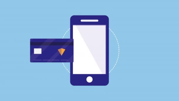 Анимация мобильных торговых технологий со смартфоном и подарком кредитной карты — стоковое видео