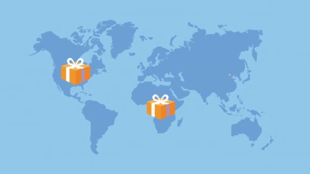 Mobilní nákupní technologie animace s mapami Země a dárky — Stock video