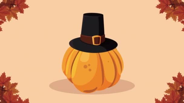 Happy thanksgiving day animation with pumpkin wearing pilgrim hat — Stock Video