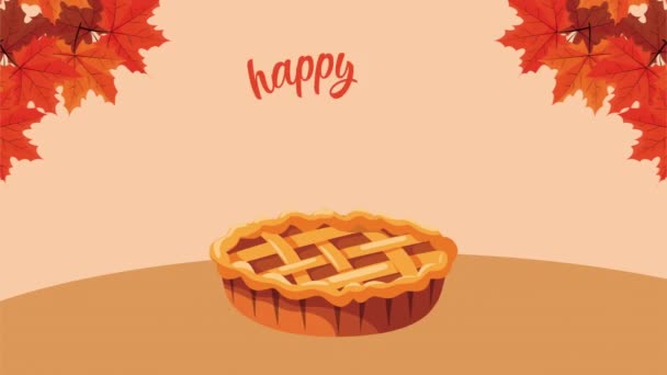 Šťastný Den díkůvzdání animace nápisy s koláčem a listy — Stock video