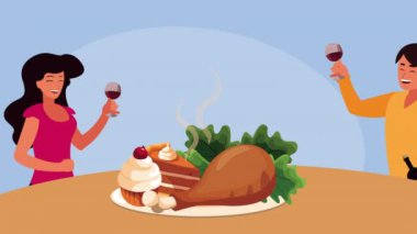 Mutlu şükran günü animasyonları. Masada şarap ve yemek içen bir çift.