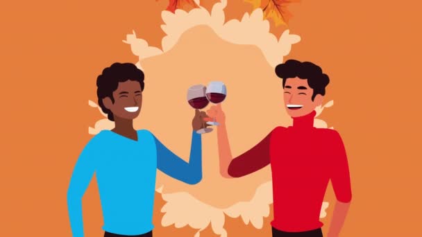 Glad Thanksgiving dag animation med män skålar med vin — Stockvideo