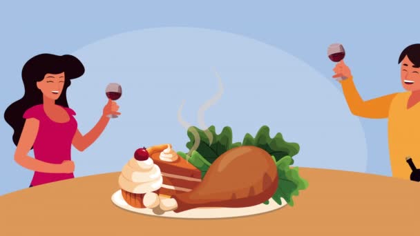 Animație fericită de Ziua Recunoștinței cu cuplu care bea vin și cină la masă — Videoclip de stoc