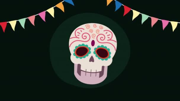 Dia de los muertos animação com crânio cabeça e guirlandas — Vídeo de Stock