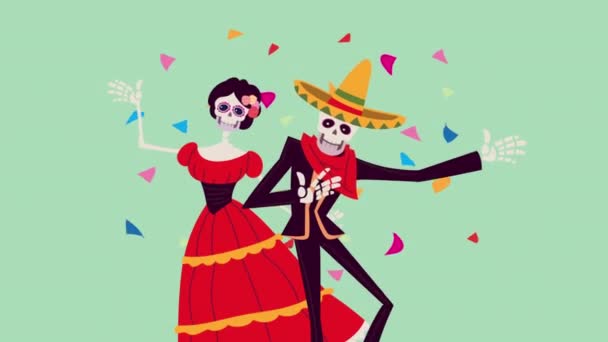 Día de los muertos animación con esqueletos pareja — Vídeos de Stock