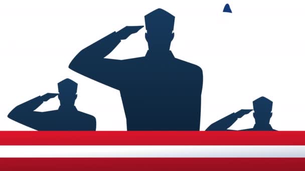Szczęśliwy weteranów dzień animacji z żołnierzy salutujących sylwetkę — Wideo stockowe