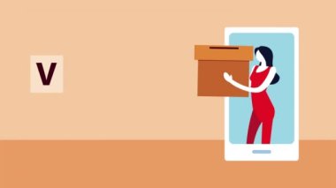 Seçim günü demokratik animasyon. Kadın akıllı telefondan oy sandığını kaldırıyor.