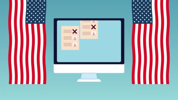 Dzień wyborów animacja demokratyczna z kartami do głosowania na pulpicie i usa flagi — Wideo stockowe