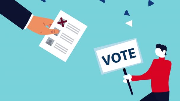 Verkiezingsdag democratische animatie met mannelijke kiezer heffen banner — Stockvideo