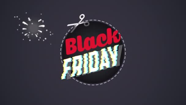 Zwarte vrijdag verkoop animatie met belettering en vuurwerk — Stockvideo