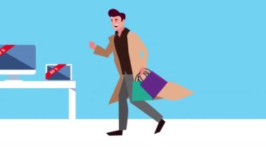 Teknoloji mağazasında alışveriş torbaları olan bir erkek müşteri.