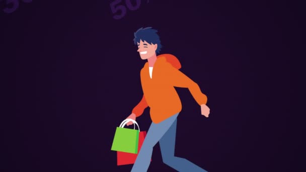 Male buyer customer with shopping bags animation — Stock Video