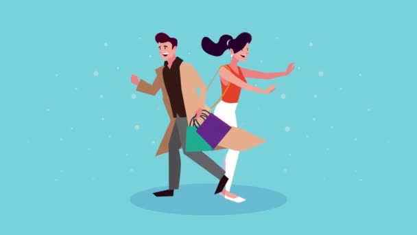 Kupující zákazníci pár běží s nákupní tašky animace — Stock video