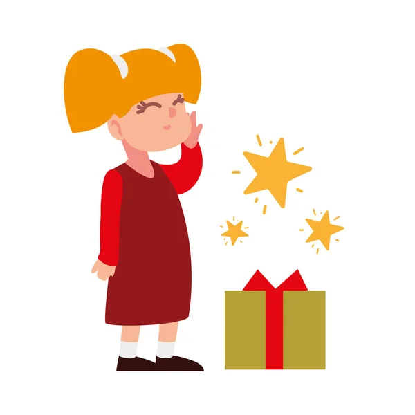 Gente de Navidad, niña rubia con regalo y estrellas celebrando la fiesta de la temporada — Archivo Imágenes Vectoriales