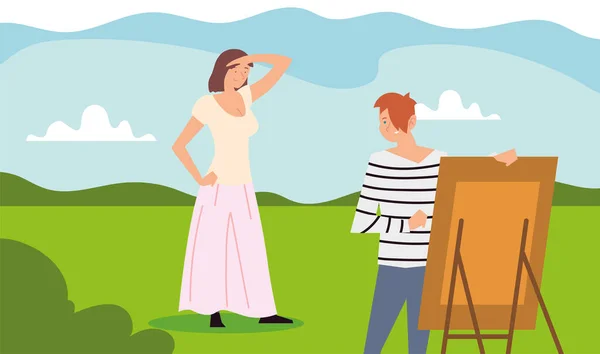 Gente actividad al aire libre, mujer de pie posando y hombre pintando cuadro — Vector de stock