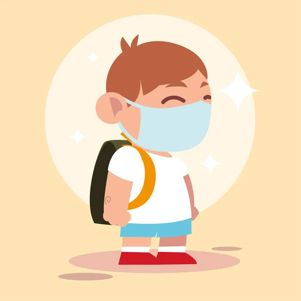回到学校，为新的正常的，学生可爱的男孩与保护面具和背包 — 图库矢量图片