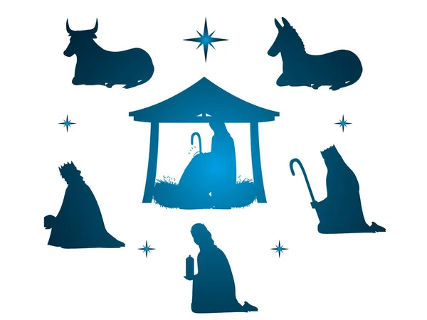 Nativité, dégradé personnages mangeoire famille sages rois et animaux — Image vectorielle