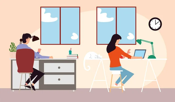 Girl and boy in home working or studying on laptop — Stock Vector
