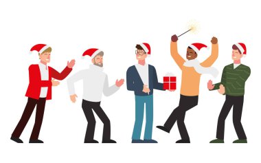 Noel insanları, erkekler grubu sezonu hediyeler ve havai fişeklerle kutluyor.