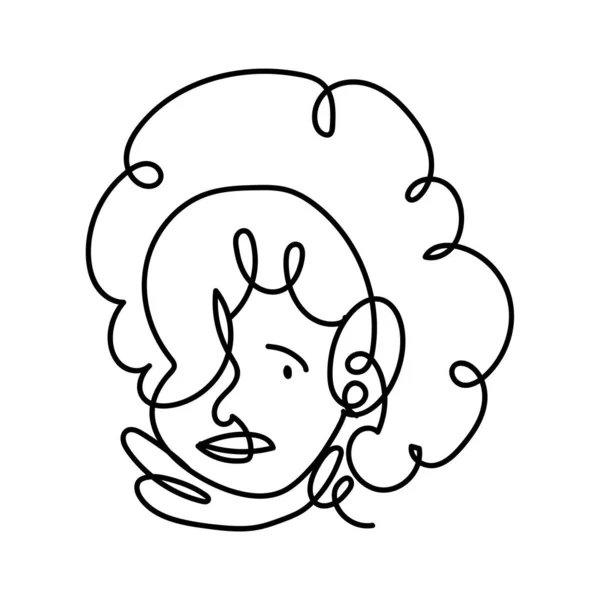 Женщина лицо вьющиеся волосы непрерывной линии, изолированный дизайн — стоковый вектор