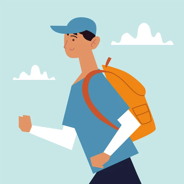 Homme marche avec sac à dos portrait dessin animé — Image vectorielle